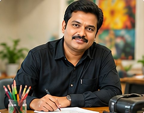 Mr. Anthony Raj, founder of Kalalaya Fine Arts, at his desk