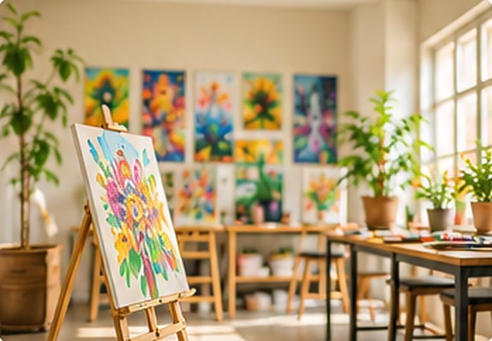 The bright Kalalaya Fine Arts studio with easels and student paintings