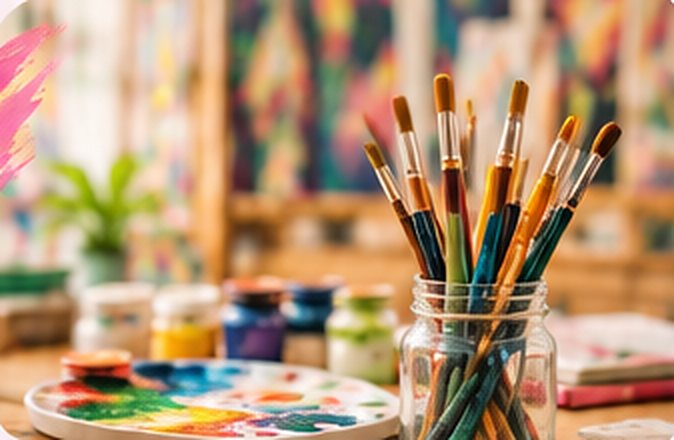 Paint brushes in a jar beside a well-used paint palette