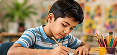 Boy sketching with coloured pencils