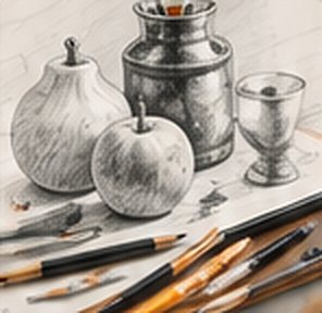Pencil still-life drawing of fruits and a vase