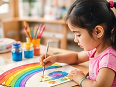 Young child painting a rainbow with watercolours