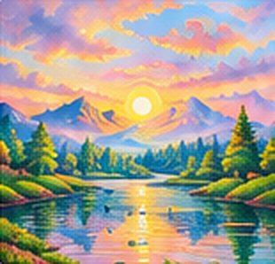 Colourful landscape painting of mountains and a lake at sunset