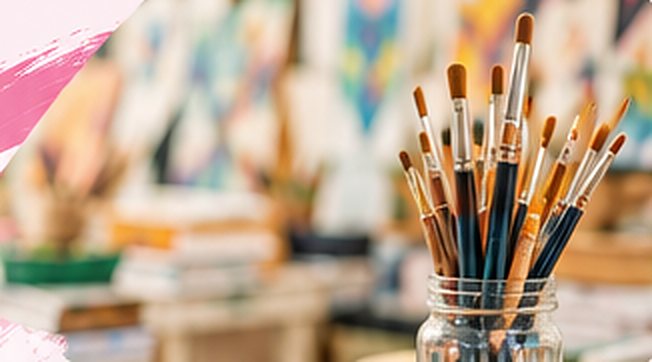Paint brushes in a glass jar in front of colourful canvases