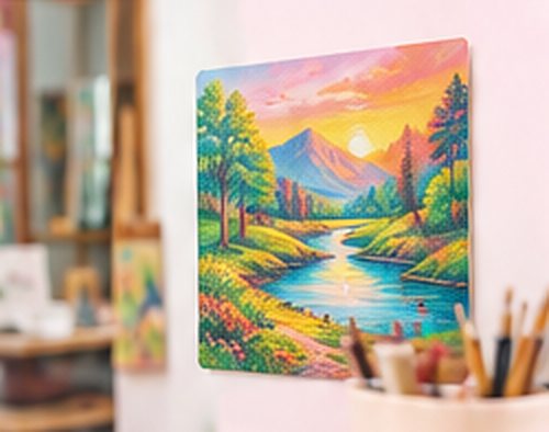 Student landscape painting of a river at sunset